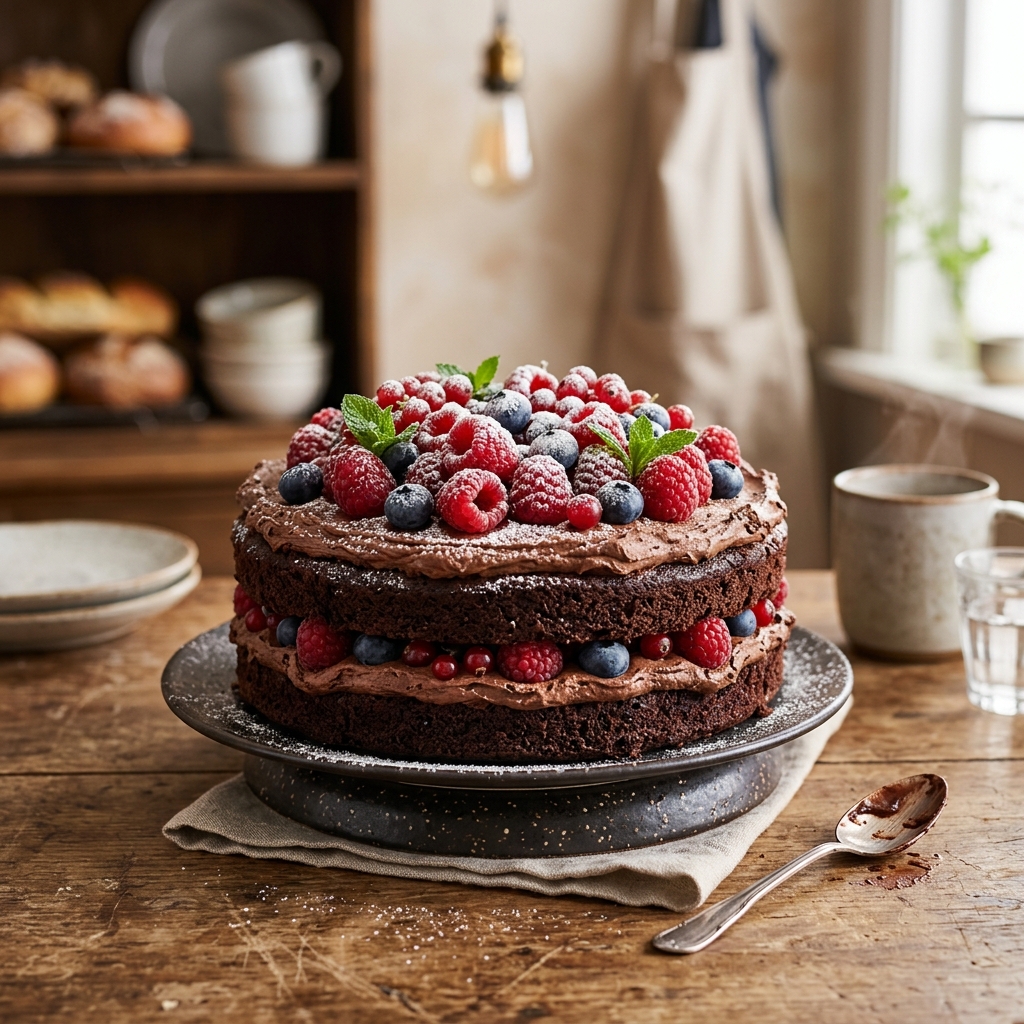 Pastel de chocolate con frutos rojos